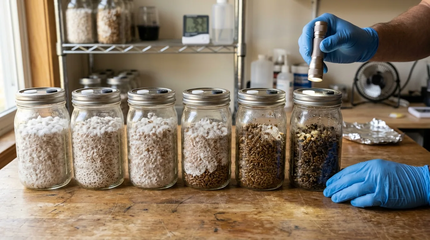 Multiple jars arranged from clean to suspect for comparison.