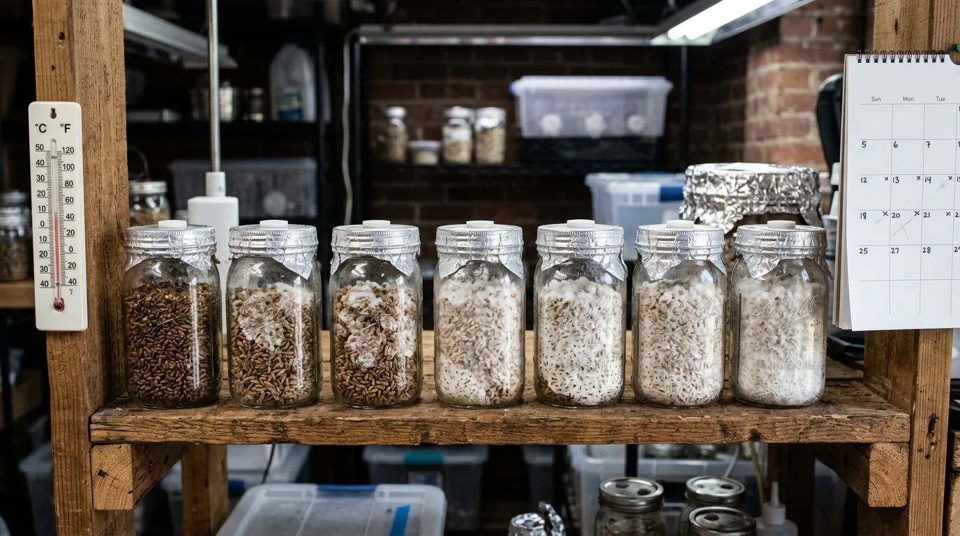 Rows of sealed jars used for visual contamination identification.