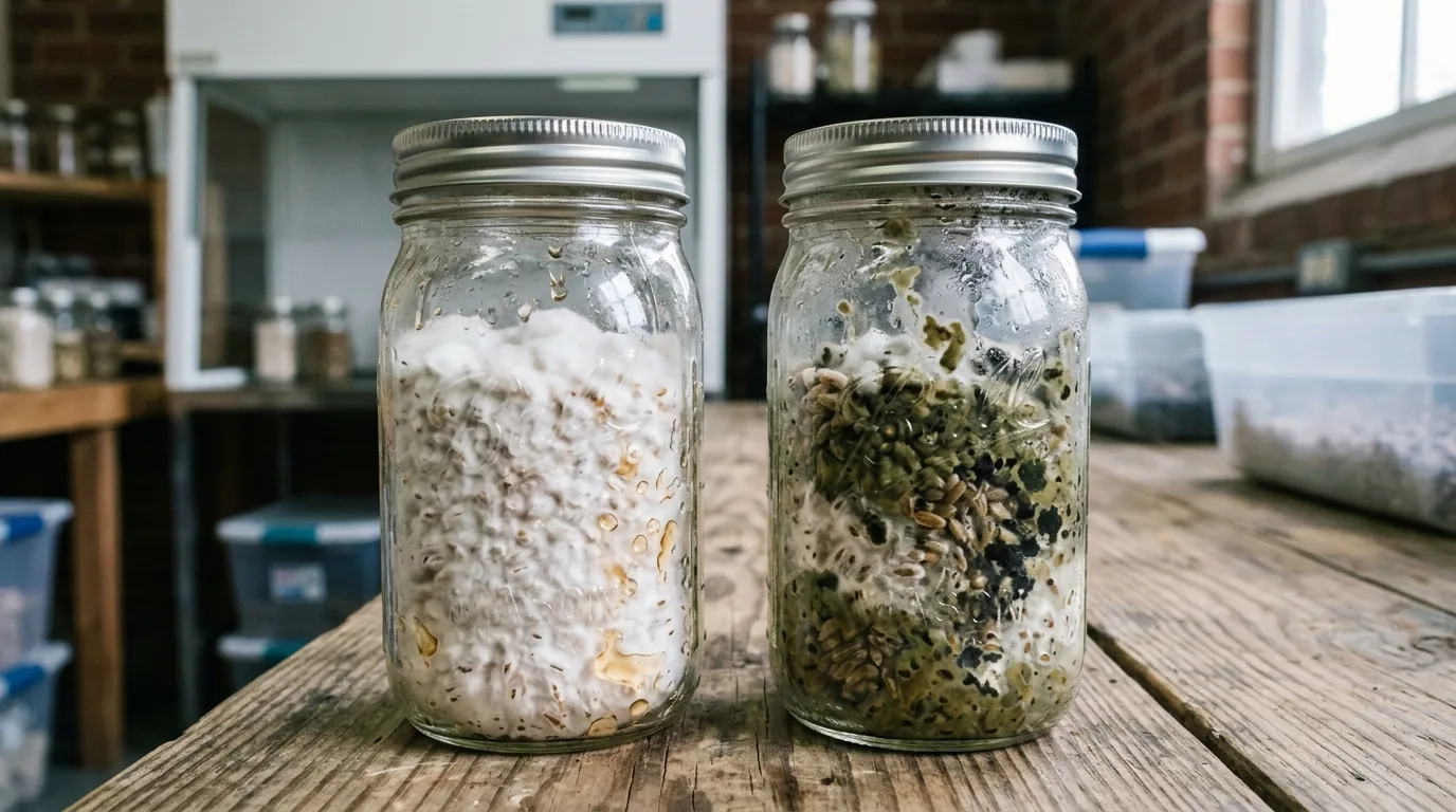 Two sealed jars showing healthy and contaminated growth side by side.