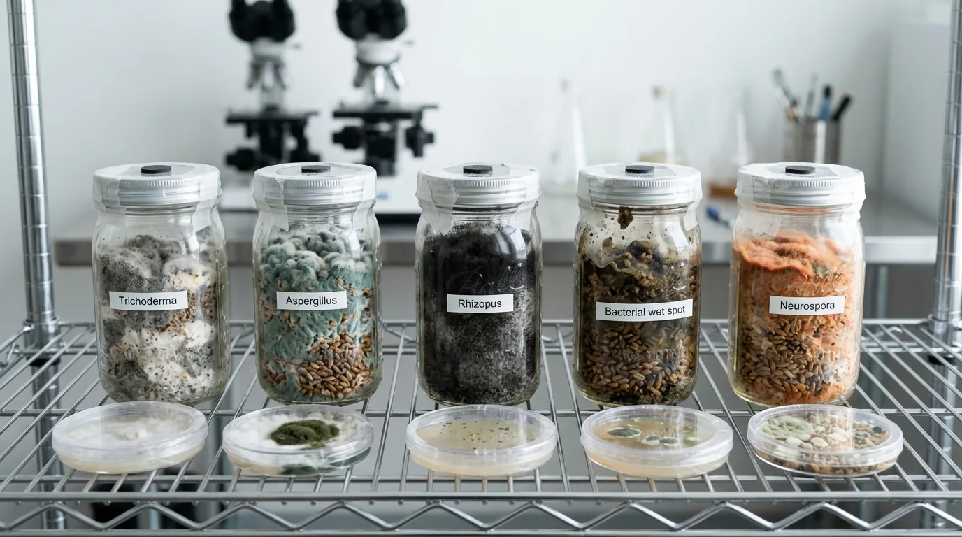 Several sealed jars showing different normal and abnormal growth patterns.