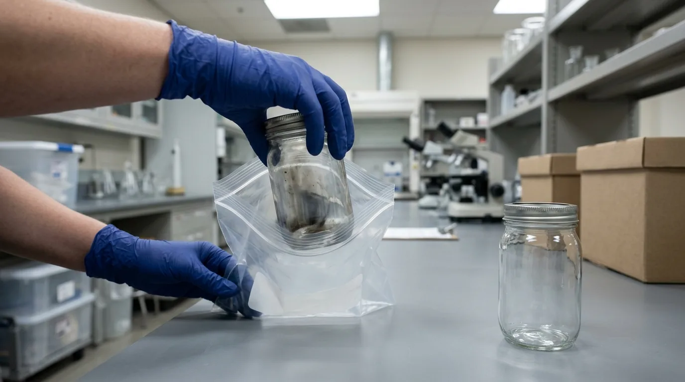 Gloved hands moving a suspect jar into a disposal bag.