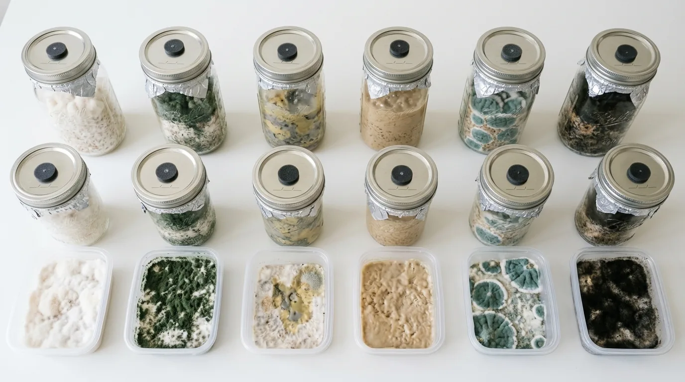 Overhead view of multiple sealed jars with varied contamination examples.