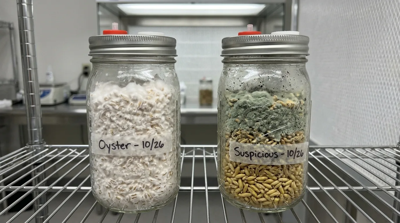 Two sealed jars comparing white colonization and dark green mold.