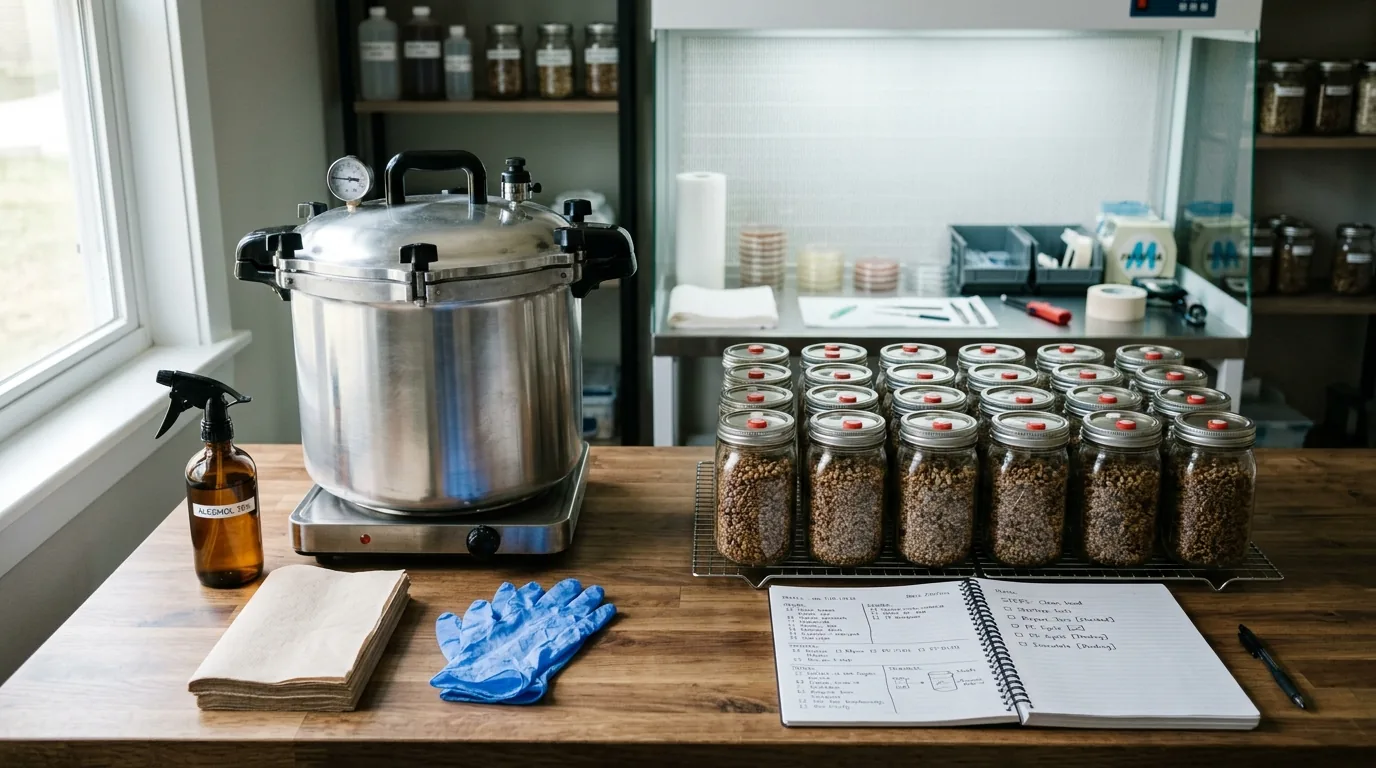 Pressure cooker and prepared jars arranged for sterile workflow.
