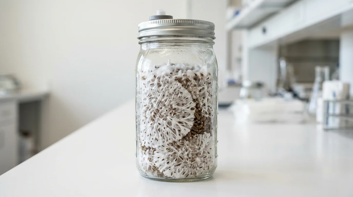 A clear jar with dense white mycelium inspected on a lab bench.