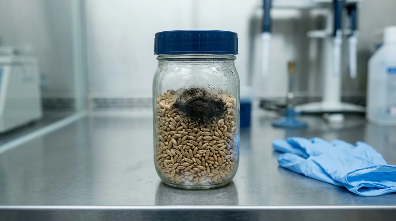A sealed jar with a dark bacterial or mold patch on grain.