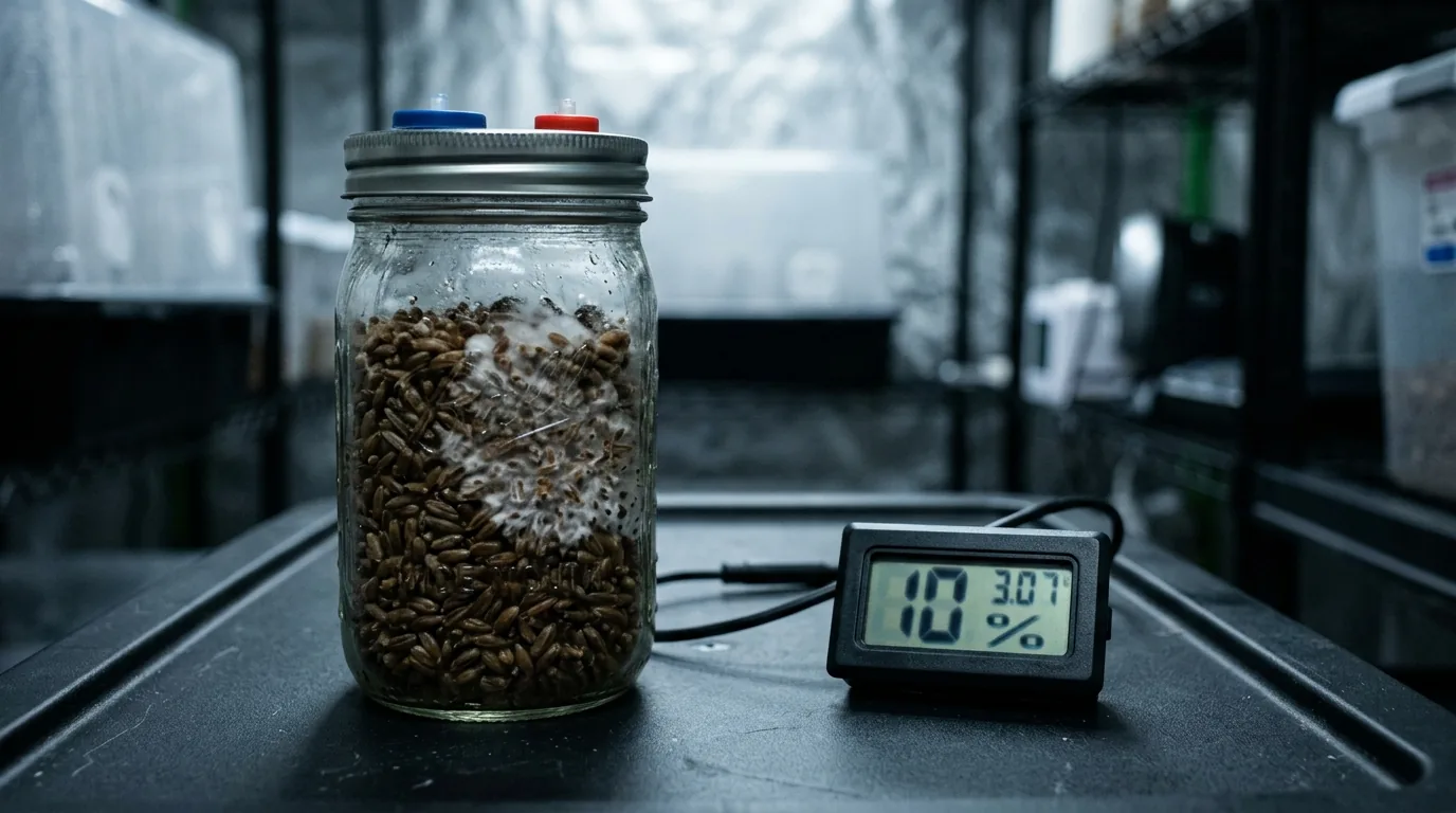 A colonization jar beside a thermometer in a grow chamber.