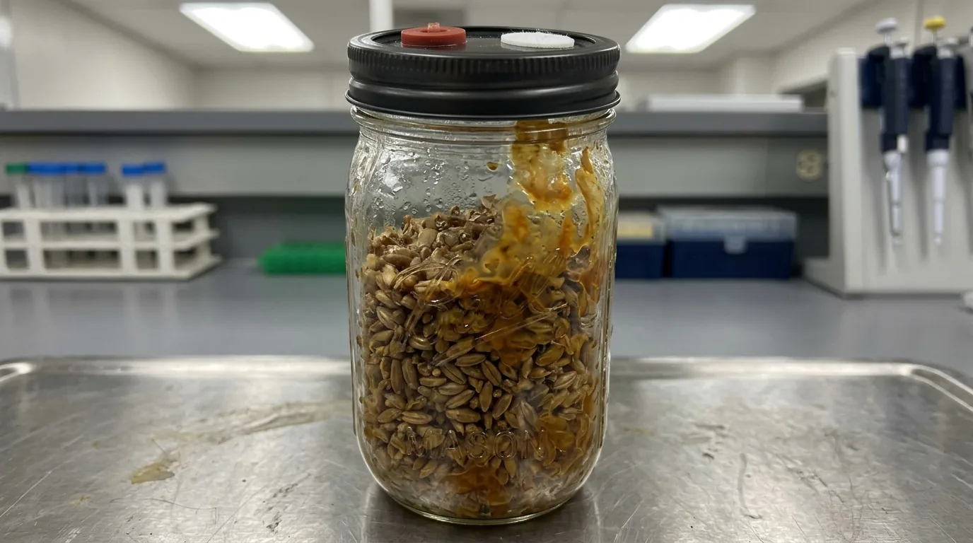 A sealed jar with bright orange mold growth through grain.