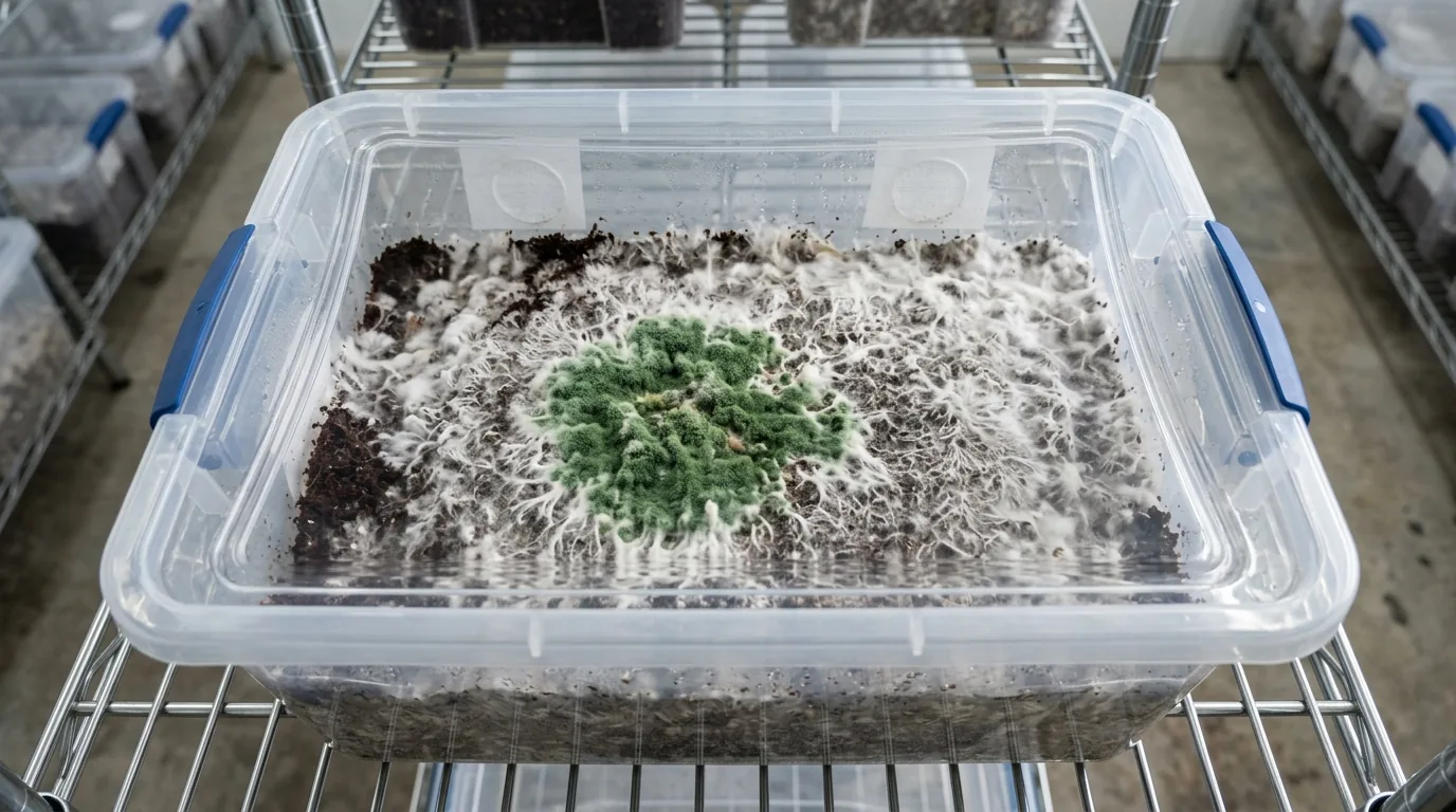 A substrate tub with a green patch contrasted against white mycelium.