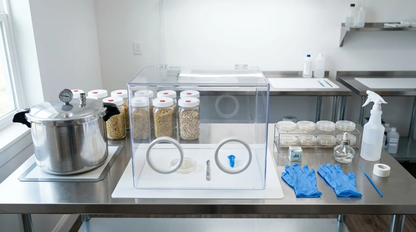 Sterile workspace with pressure cooker, jars, and sealed containers.