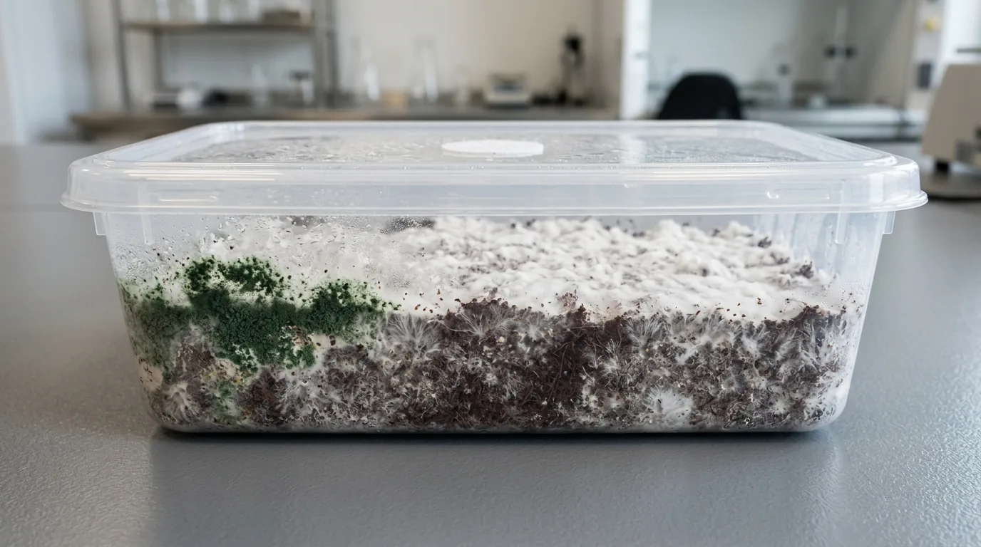 A substrate tub with green mold beginning along the edge.
