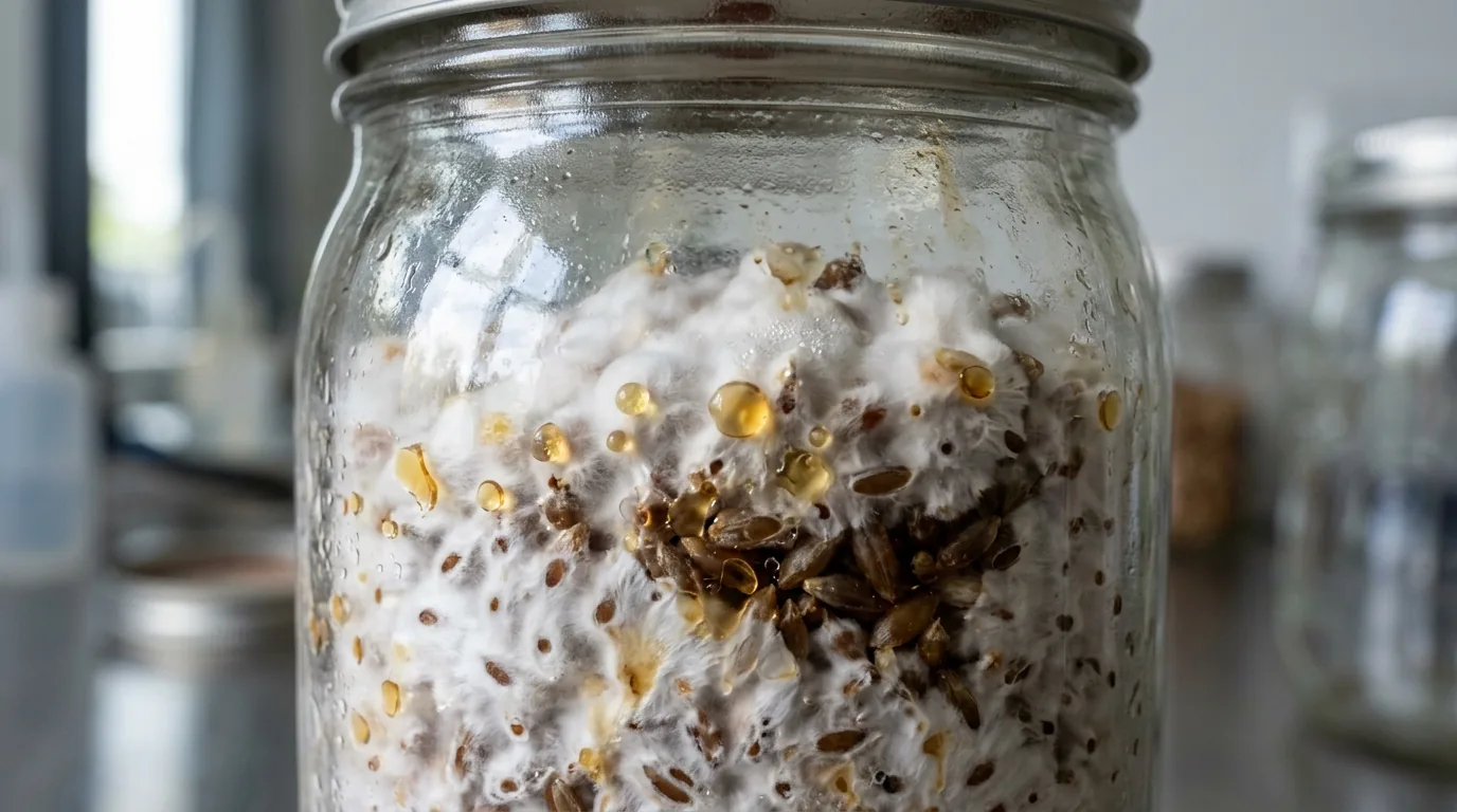 A sealed jar showing white mycelium with amber and brown patches.