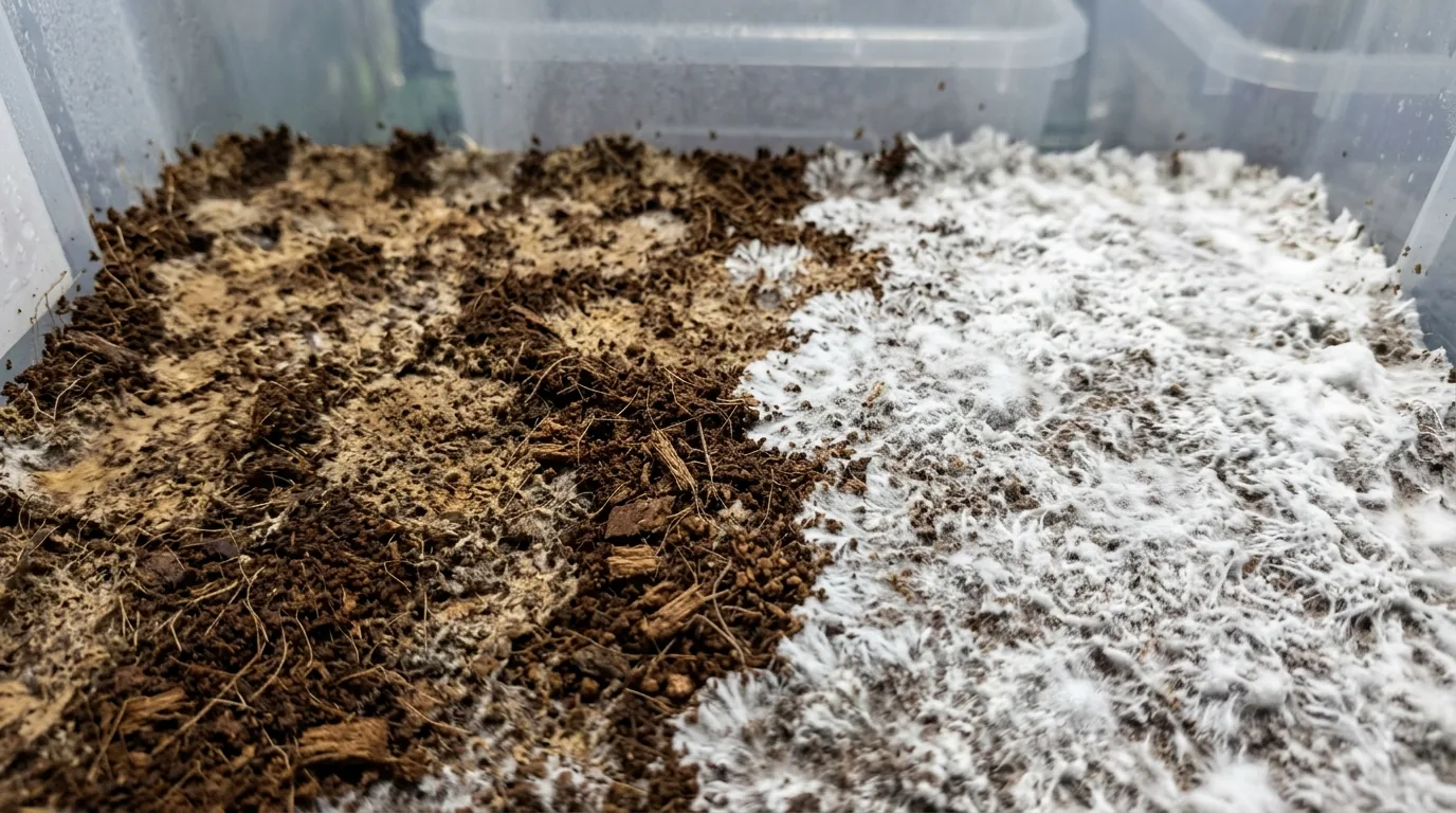 A substrate surface showing a boundary between brown material and white mycelium.