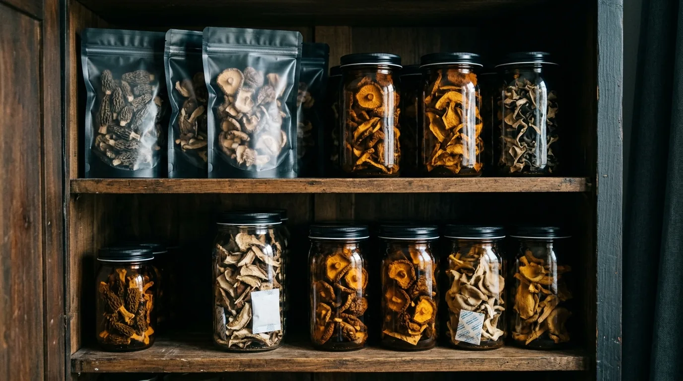 A dark cabinet with sealed jars and storage containers organized on shelves.