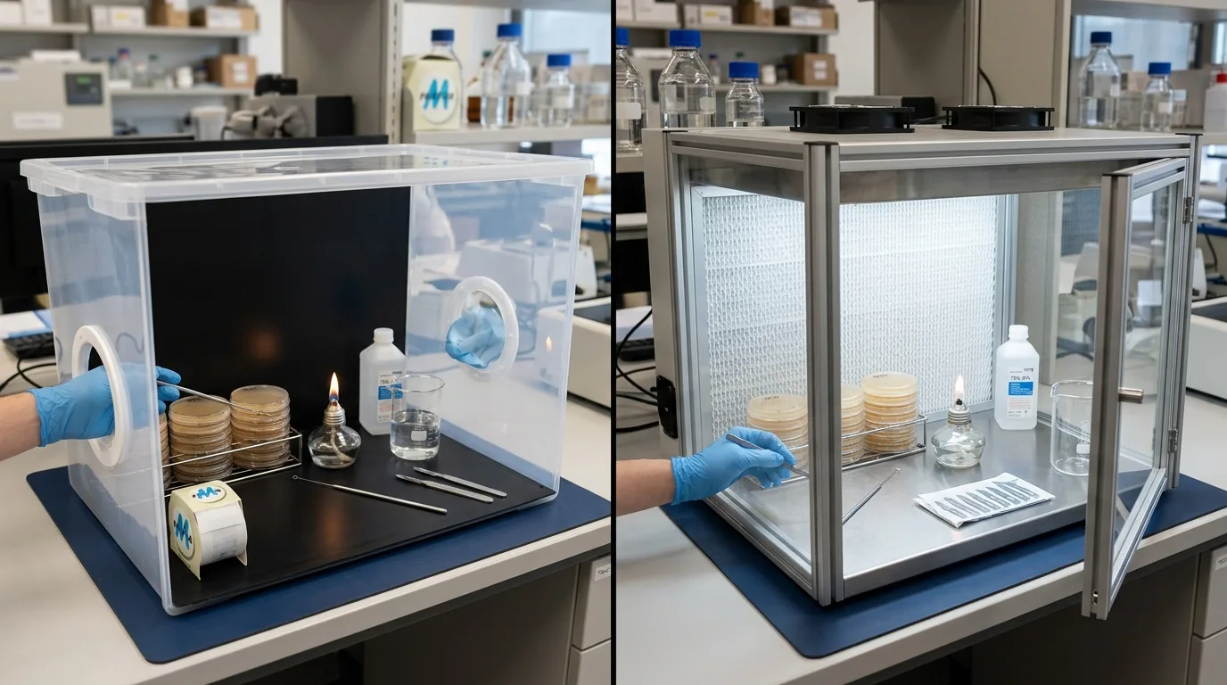 Still air box and aseptic work area arranged for sterile mushroom culture work.