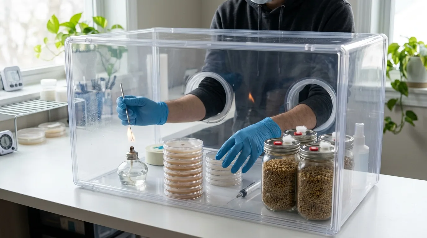 Transparent still air box with tools and jars arranged for careful sterile work.