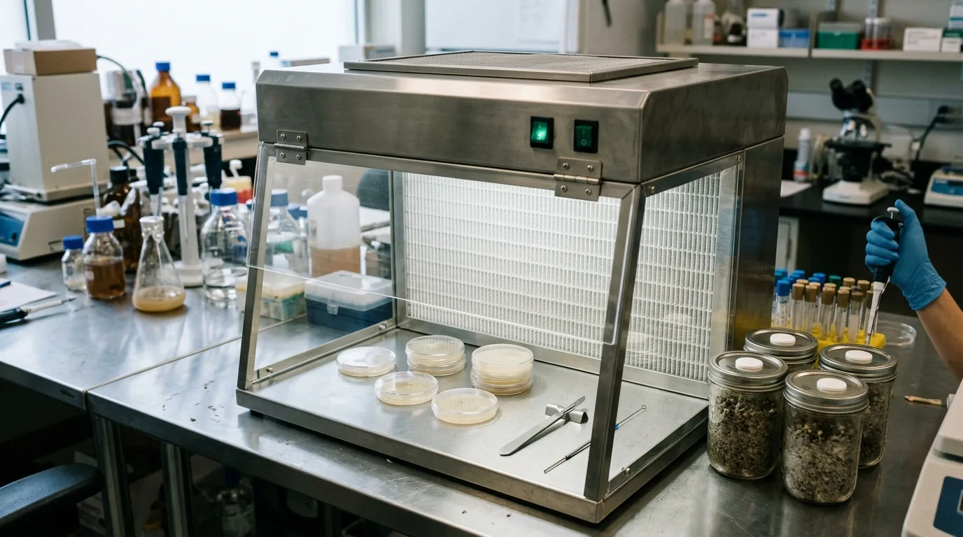 Laminar flow hood with agar plates and sealed grain jars on a clean bench.