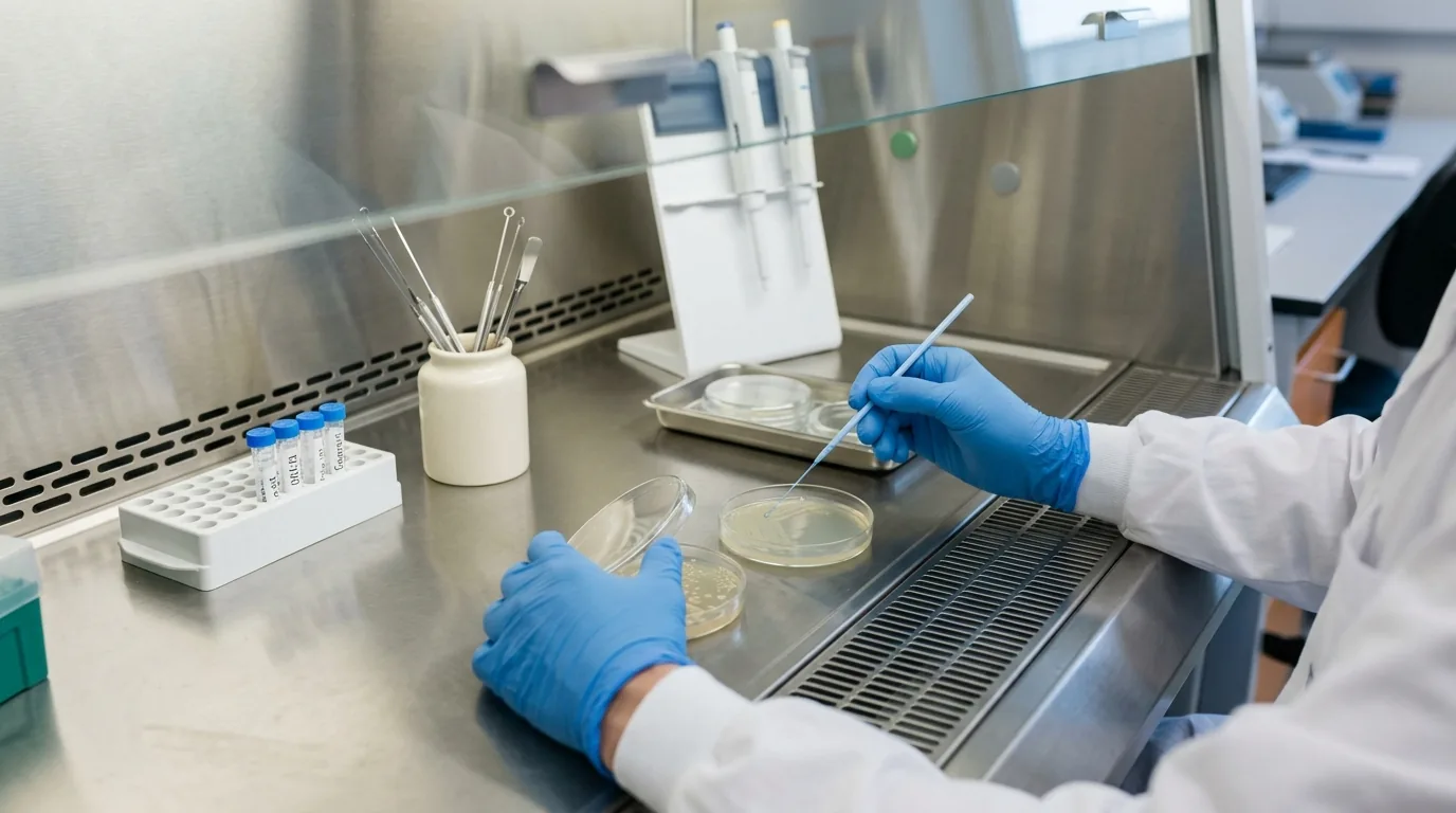 Gloved hands working carefully with culture plates inside a clean sterile workspace.