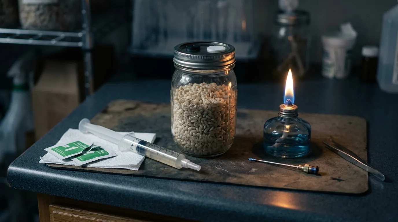 Sterile syringe, flame source, and sealed grain jar arranged for quick inoculation.