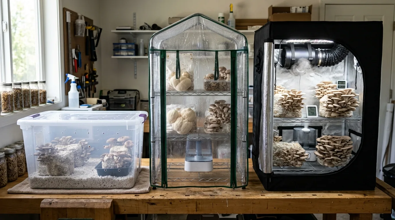 Multiple fruiting chamber setups shown together for design comparison.