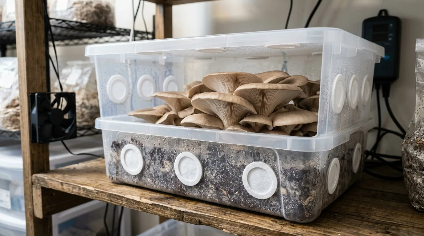 Healthy mushrooms fruiting inside a chamber with gauges and airflow nearby.