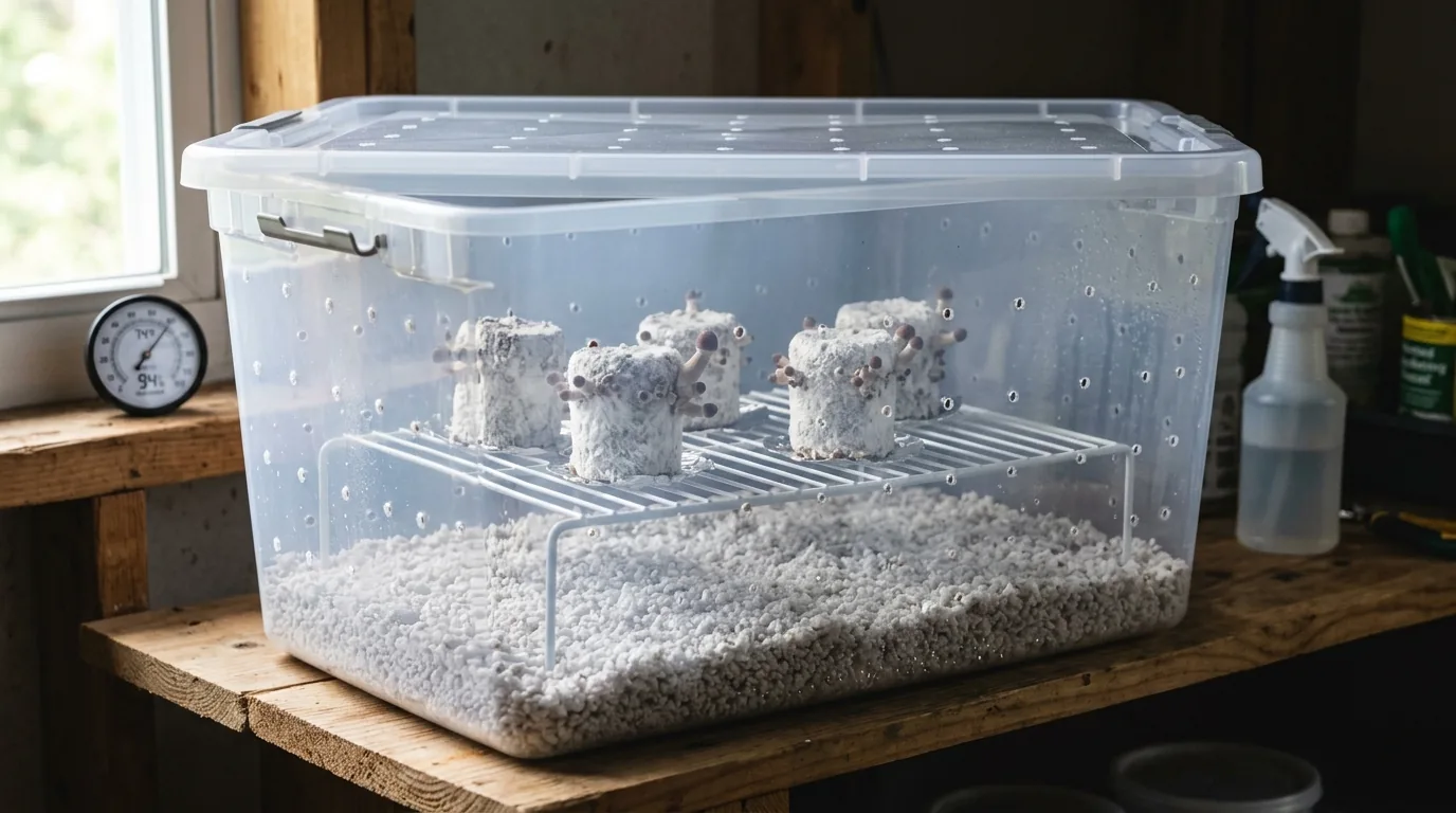 Clear tote fruiting chamber with perlite and raised cakes inside.