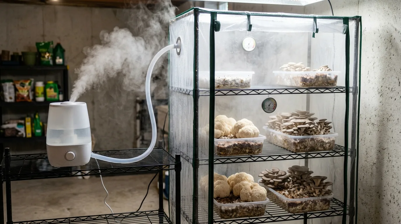Small greenhouse tent with shelves, humidifier, and fruiting trays.