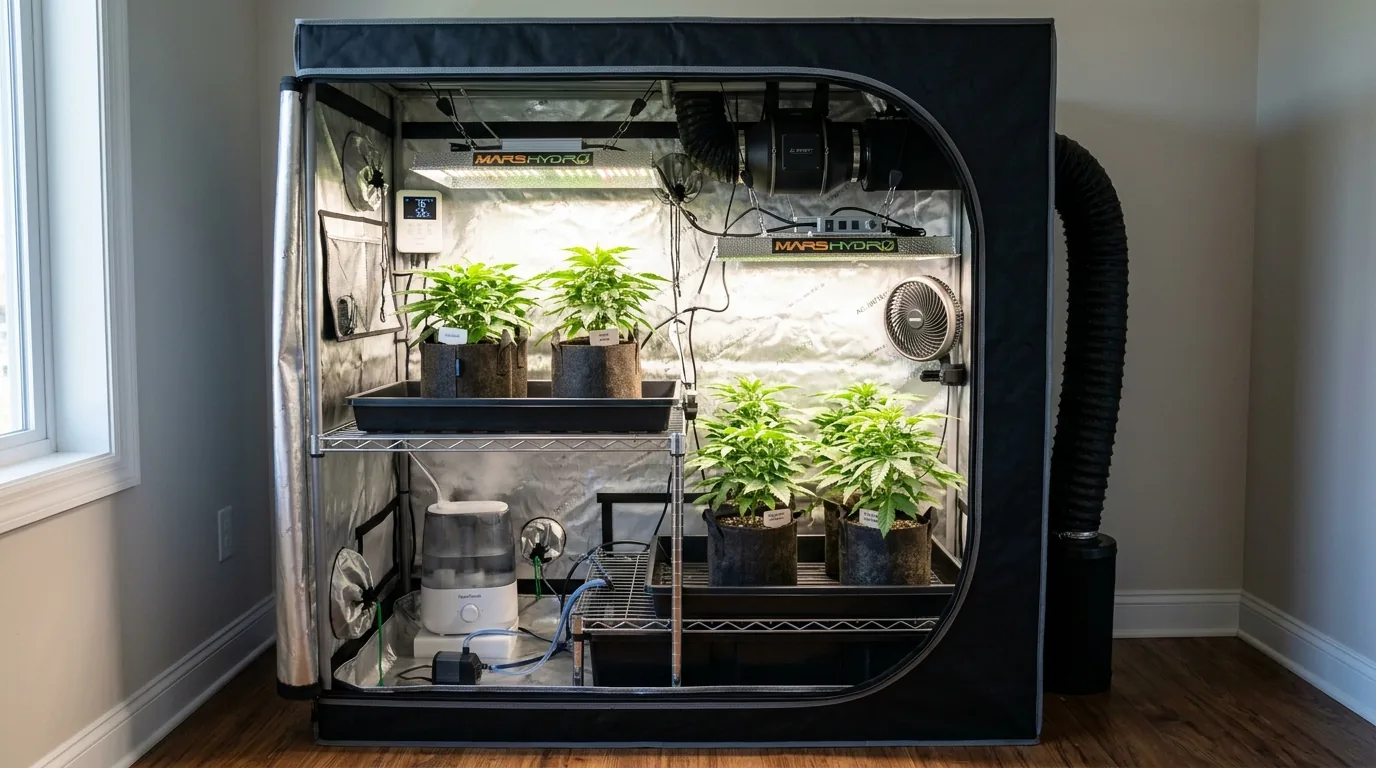 Automated grow tent with shelves, lighting, airflow, and humidity equipment.