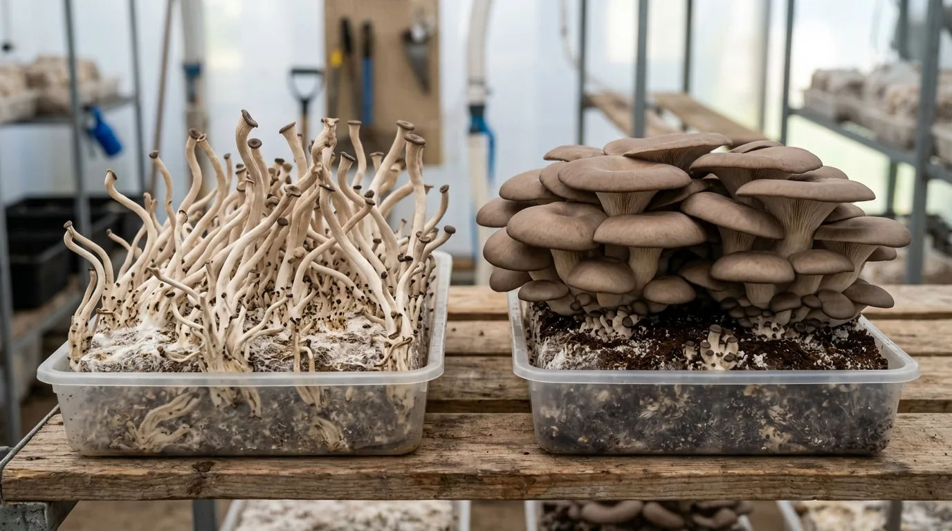Several fruiting containers connected with gauges and airflow equipment.