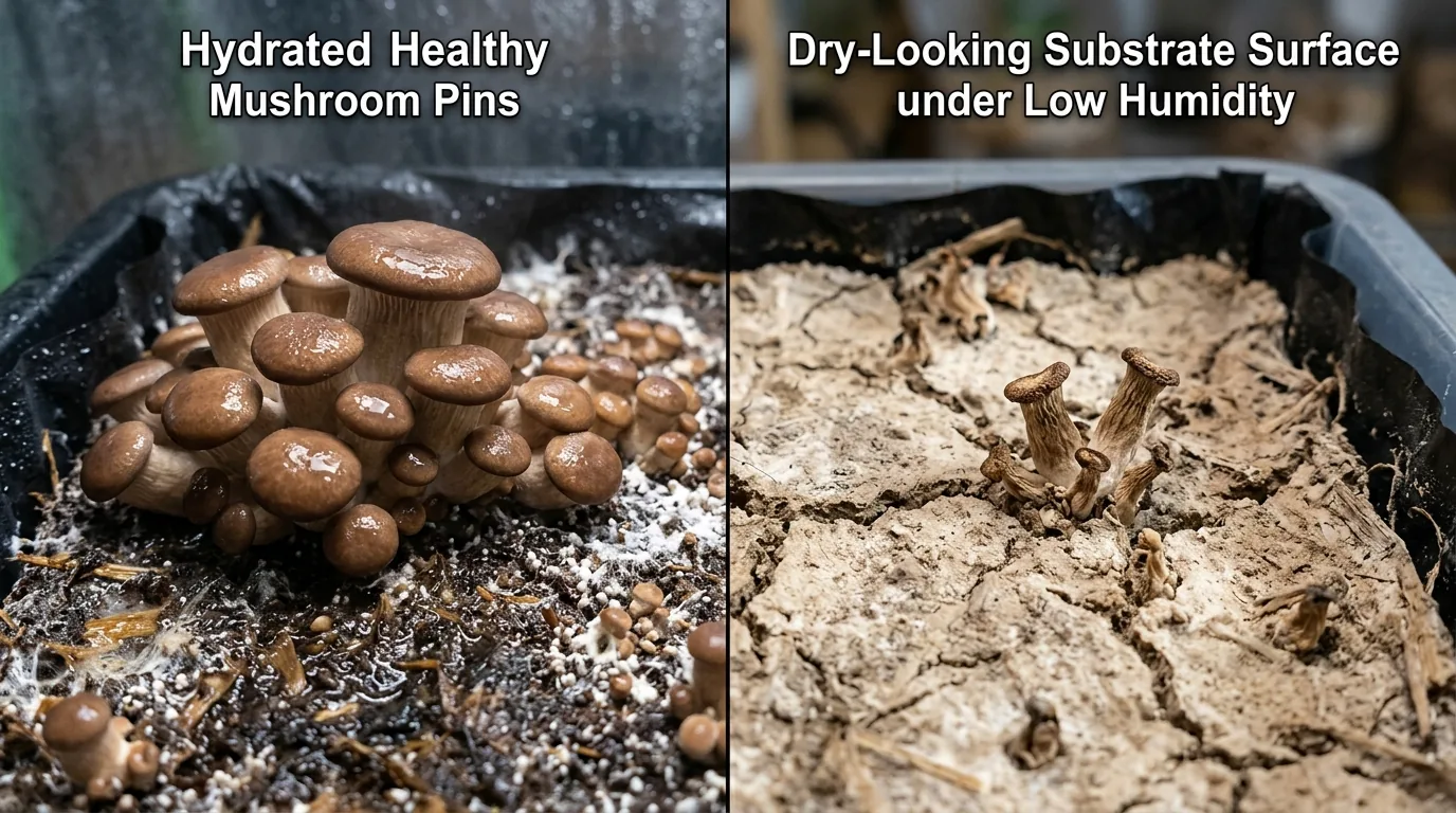 Dry-looking substrate surface in a fruiting tub with a small gauge nearby.