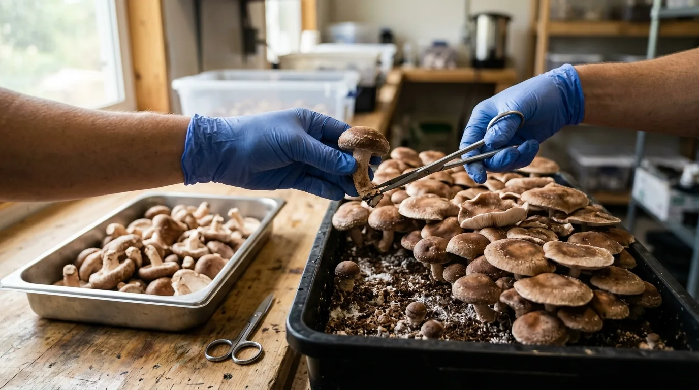 Gloved hands harvesting mature mushrooms from a fruiting tray.