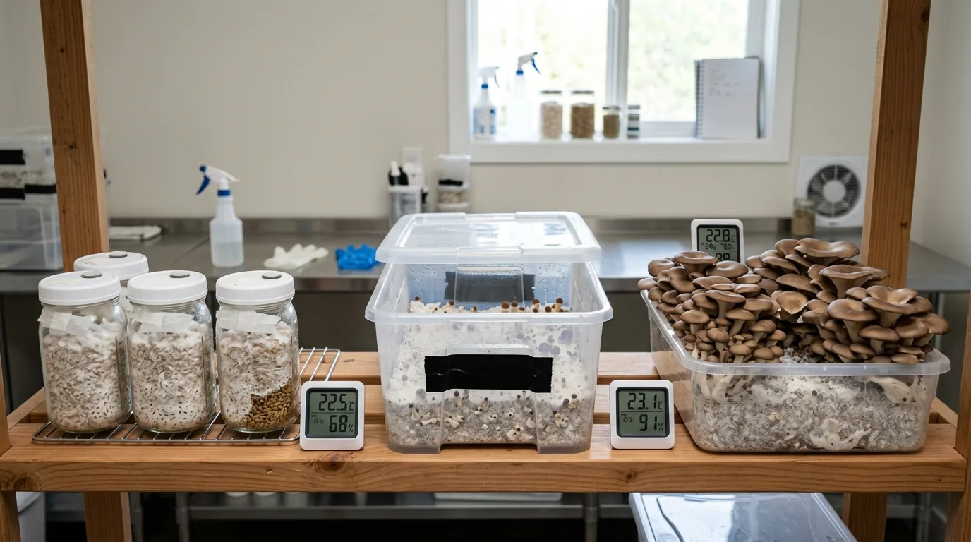 Fruiting tubs, jars, and gauges arranged for environment troubleshooting.