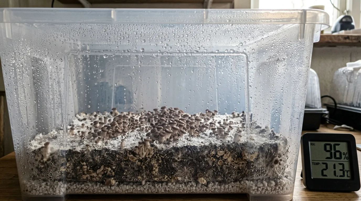 Fruiting chamber showing condensation, airflow, and digital gauges together.