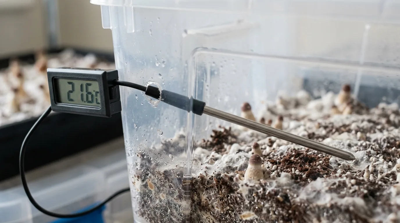 Digital probe thermometer monitoring the surface of a fruiting tub.
