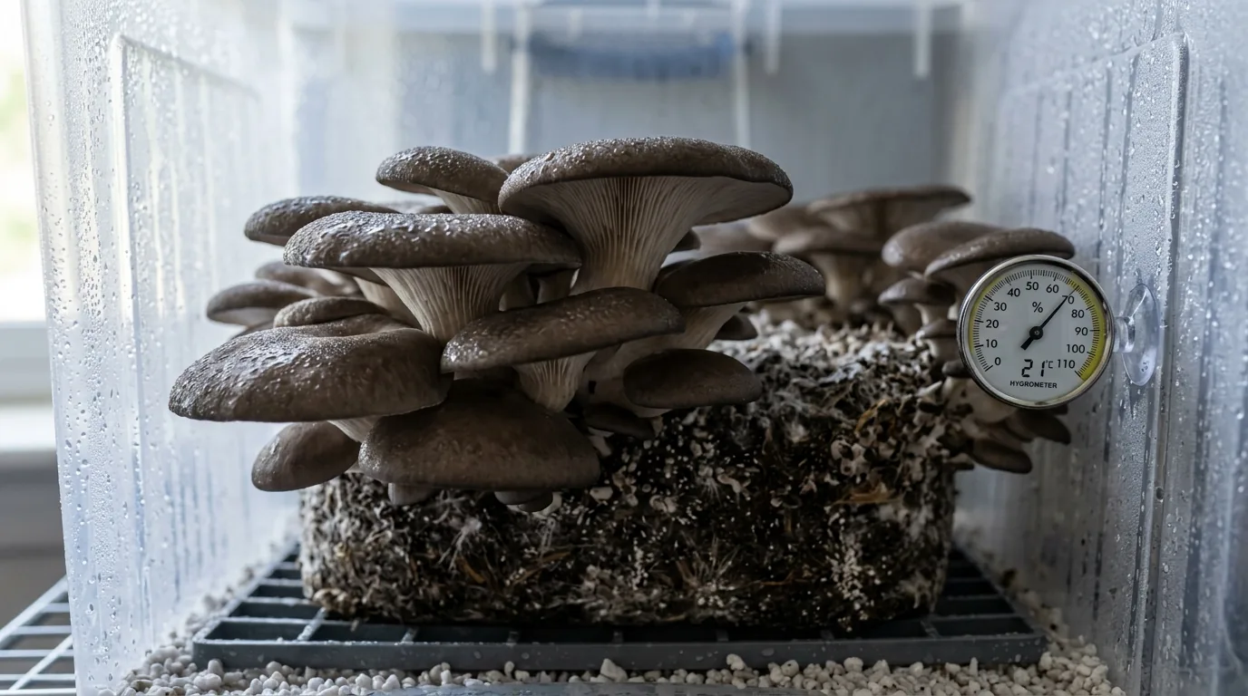 Healthy mushrooms developing in a humid chamber with a small gauge nearby.
