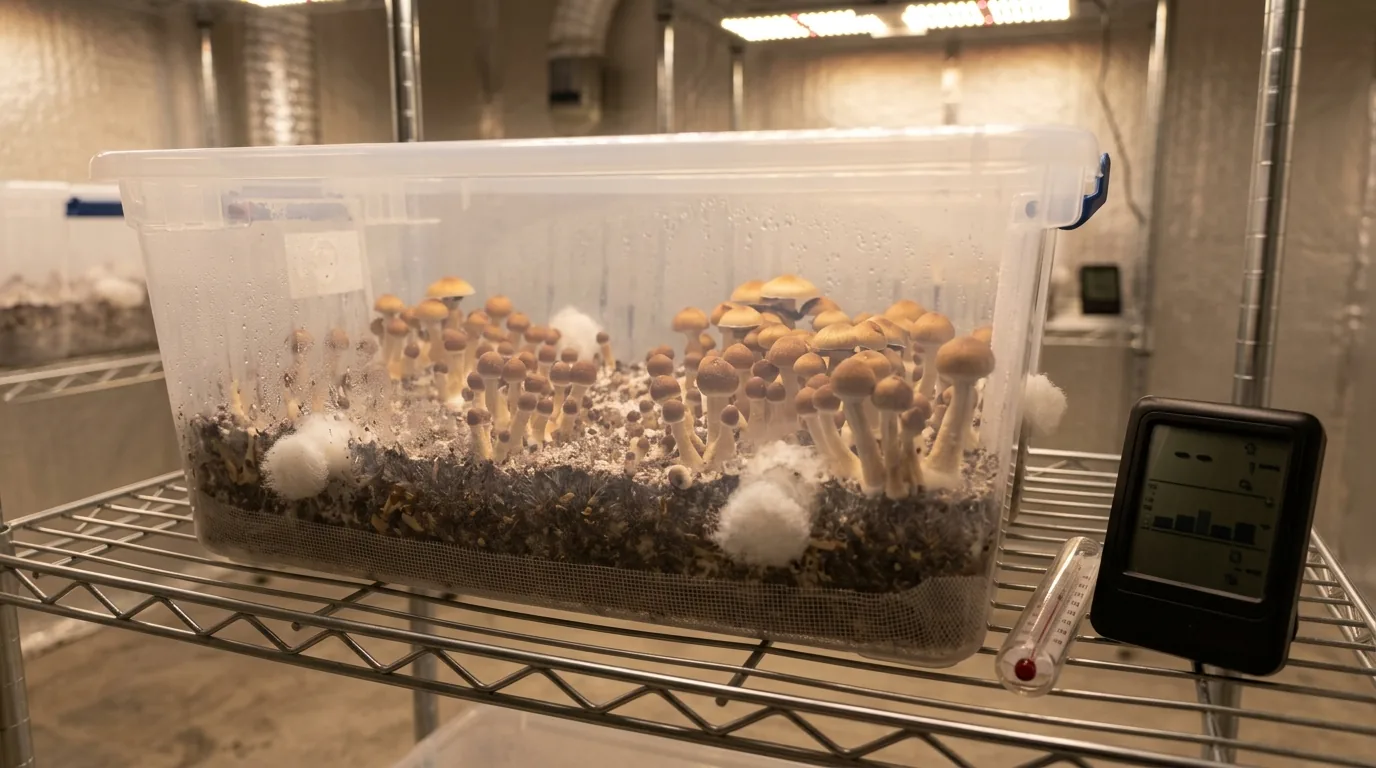 Fruiting chamber with controlled light and monitoring equipment on a wire shelf.