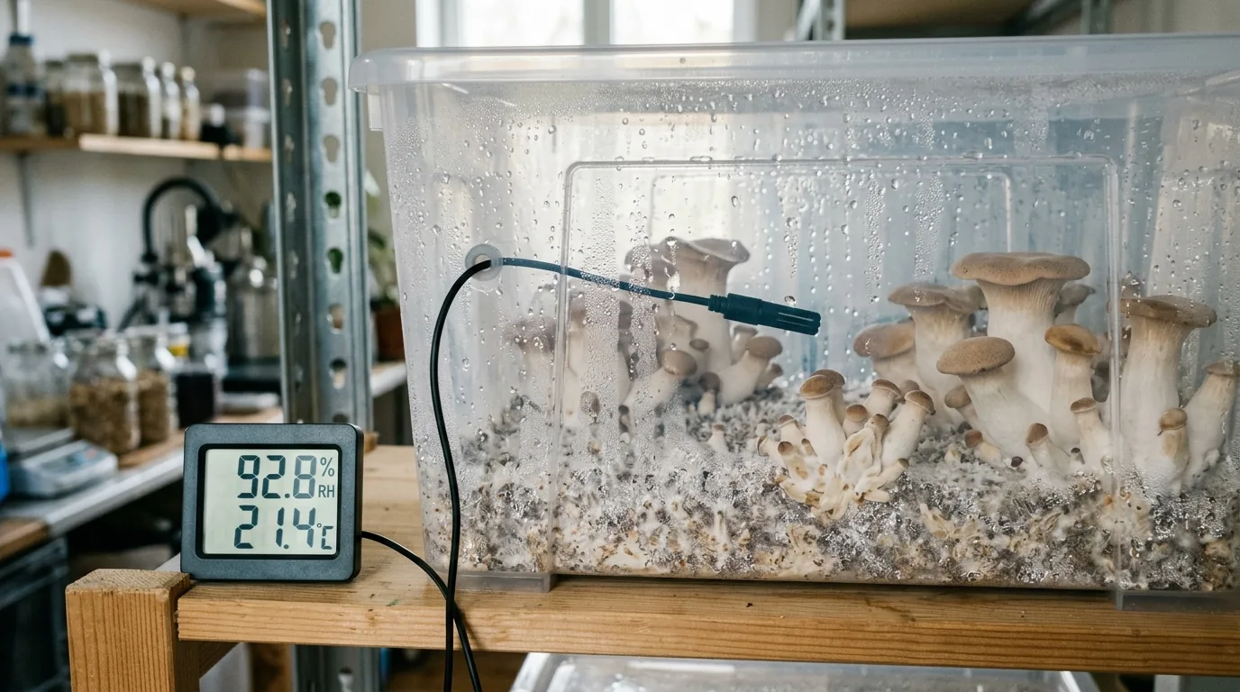 Probe sensor and digital gauge monitoring a fruiting chamber interior.