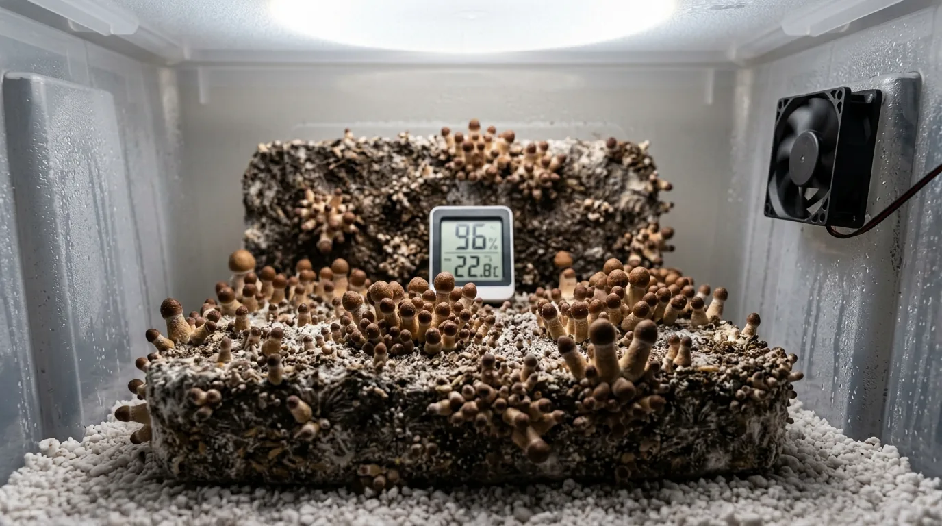 Dense fruiting tray with humid chamber walls and a gauge nearby.