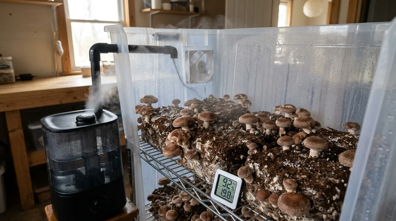 Healthy fruiting mushrooms inside a moist chamber with balanced surface conditions.