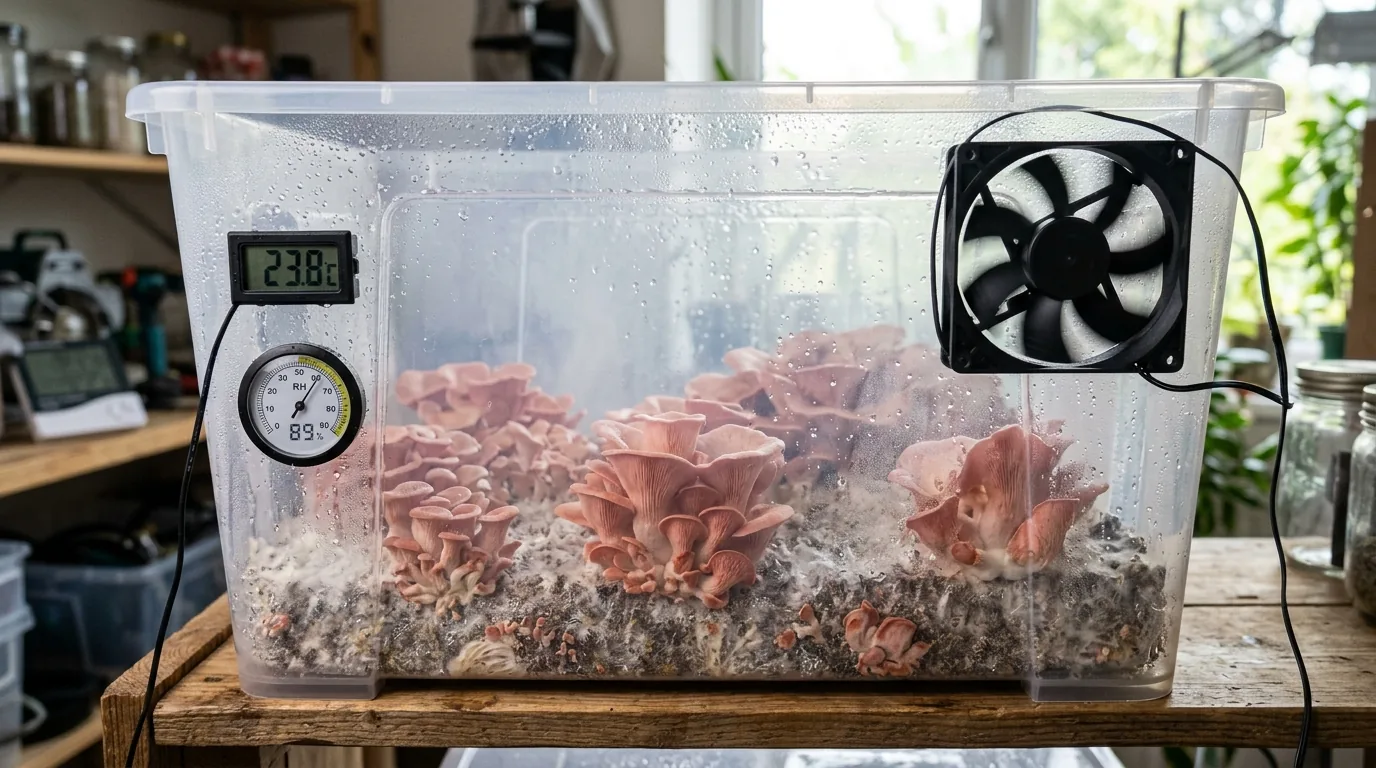 Clear fruiting chamber with hygrometer and fan visible through the wall.