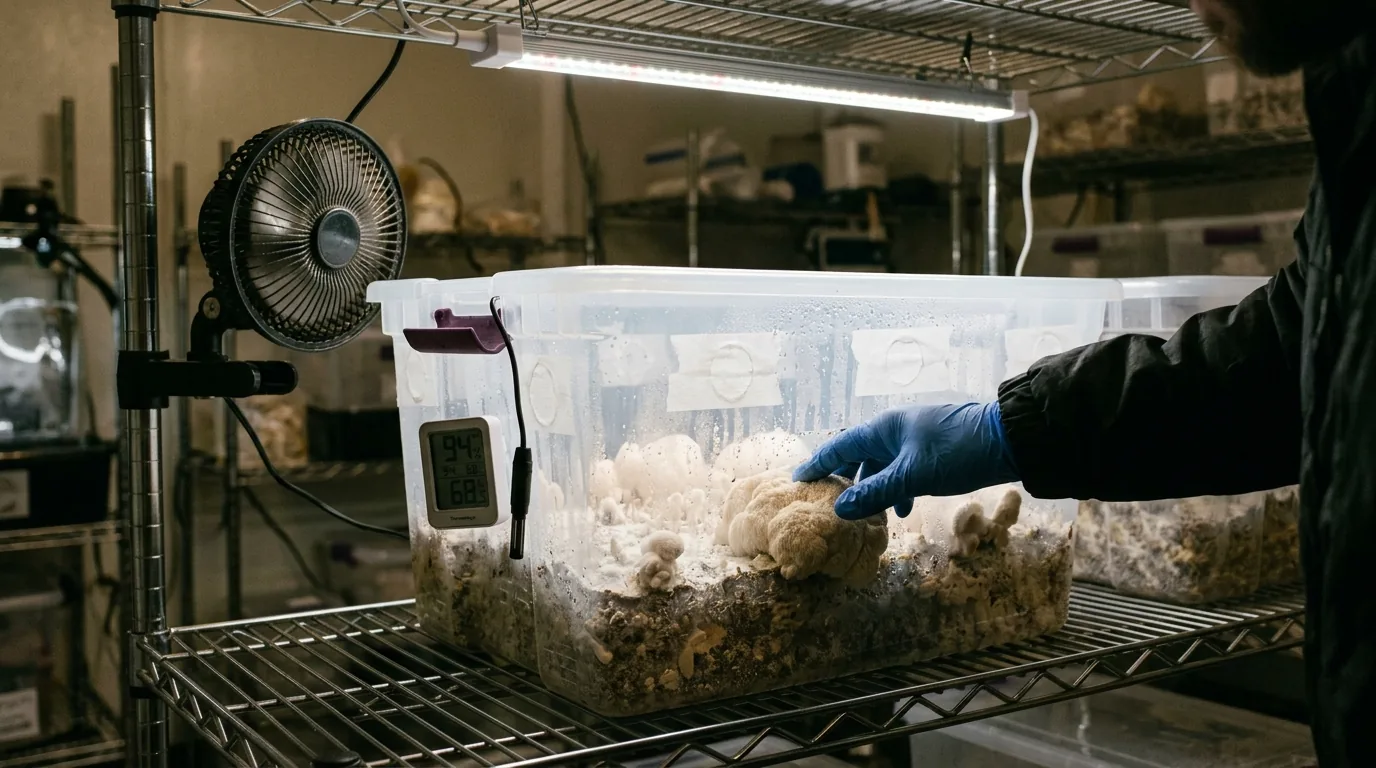Humidifier line feeding mist into a fruiting tub setup.