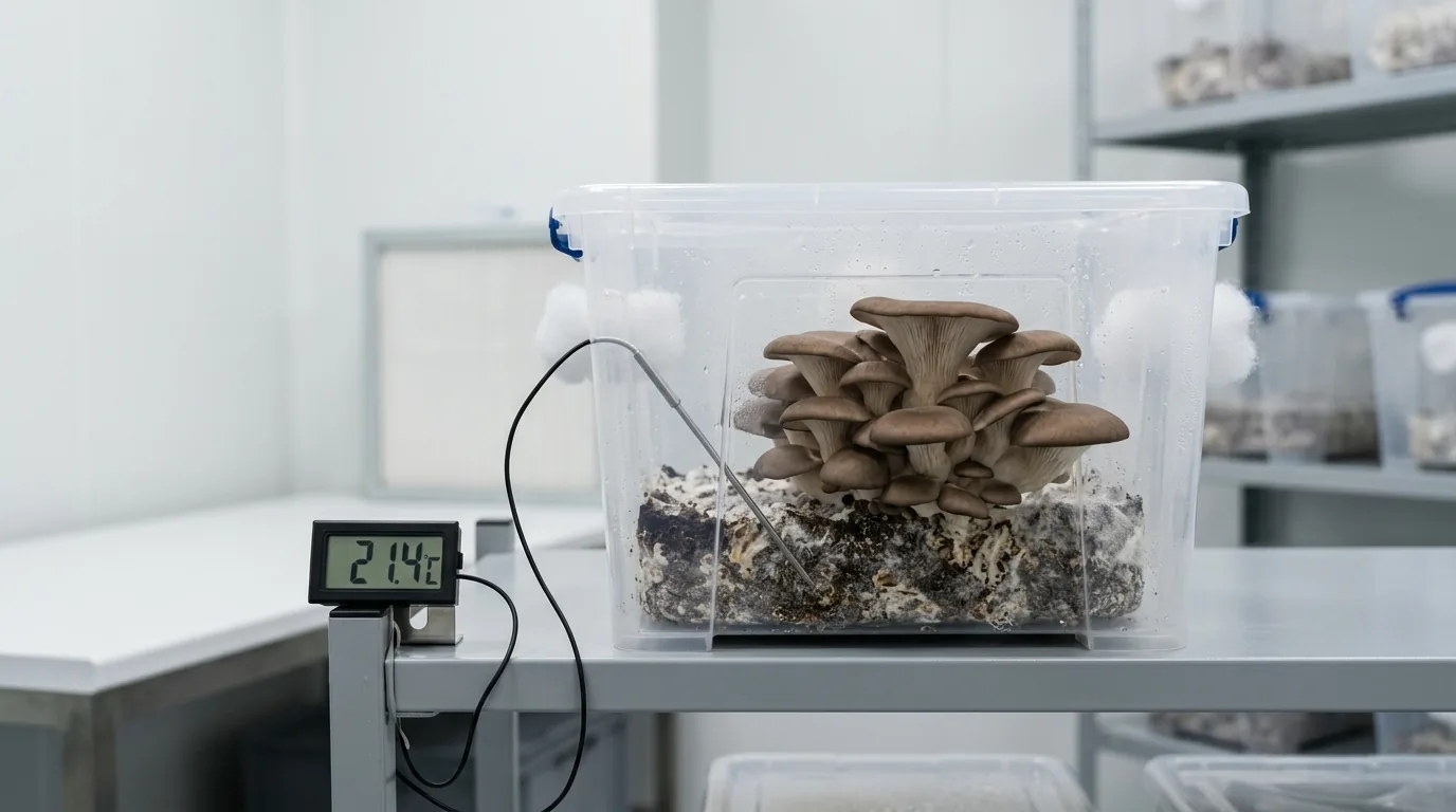 Fruiting mushrooms in a chamber with a small fan and hygrometer nearby.