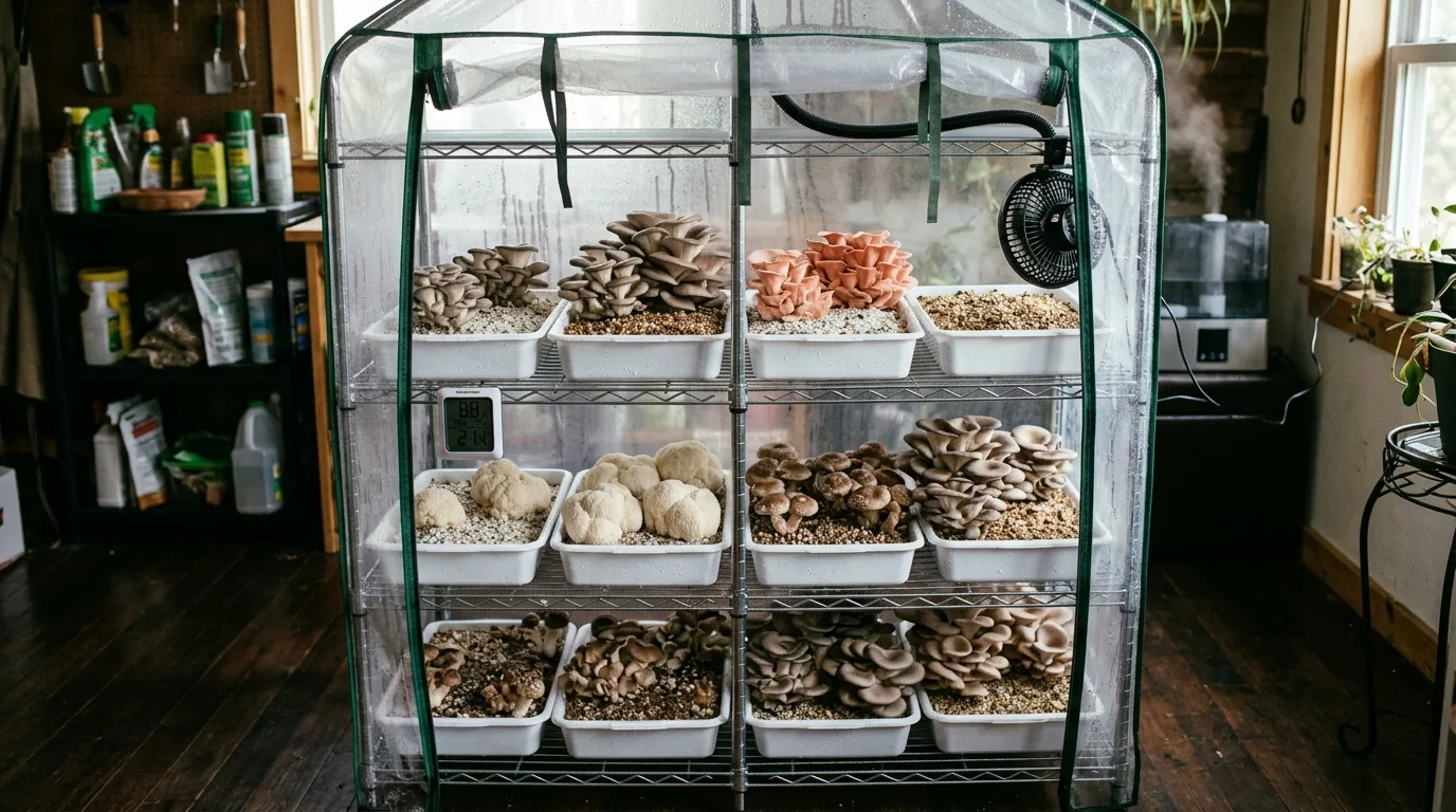 Fruiting shelf with gentle airflow and humidity-balanced chamber conditions.
