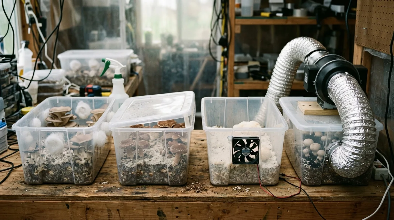 Fruiting tubs connected with fan and ducting equipment for controlled air exchange.