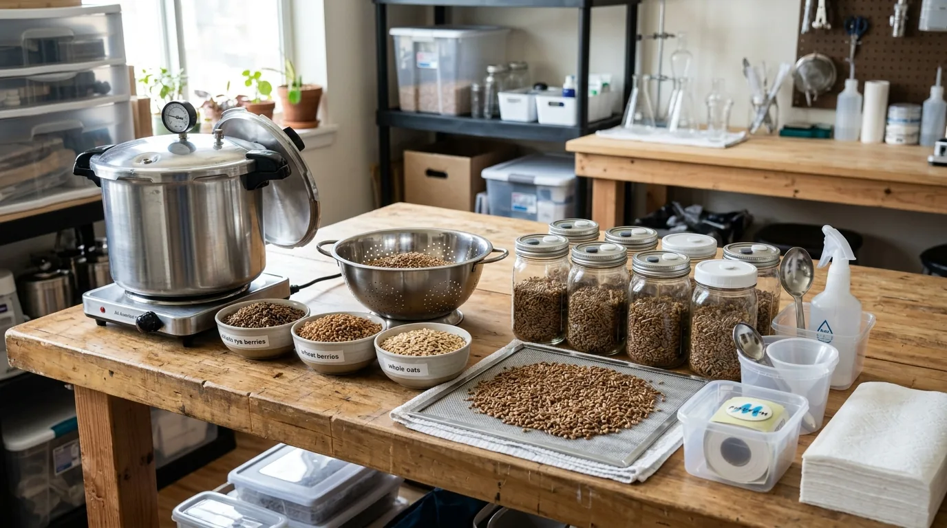 Grain spawn preparation setup with pots, bowls of grain, jars, and tools on a workbench.