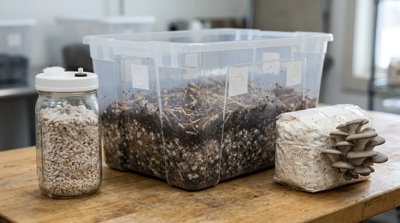 Colonized grain jar beside a substrate tub and clean preparation supplies.