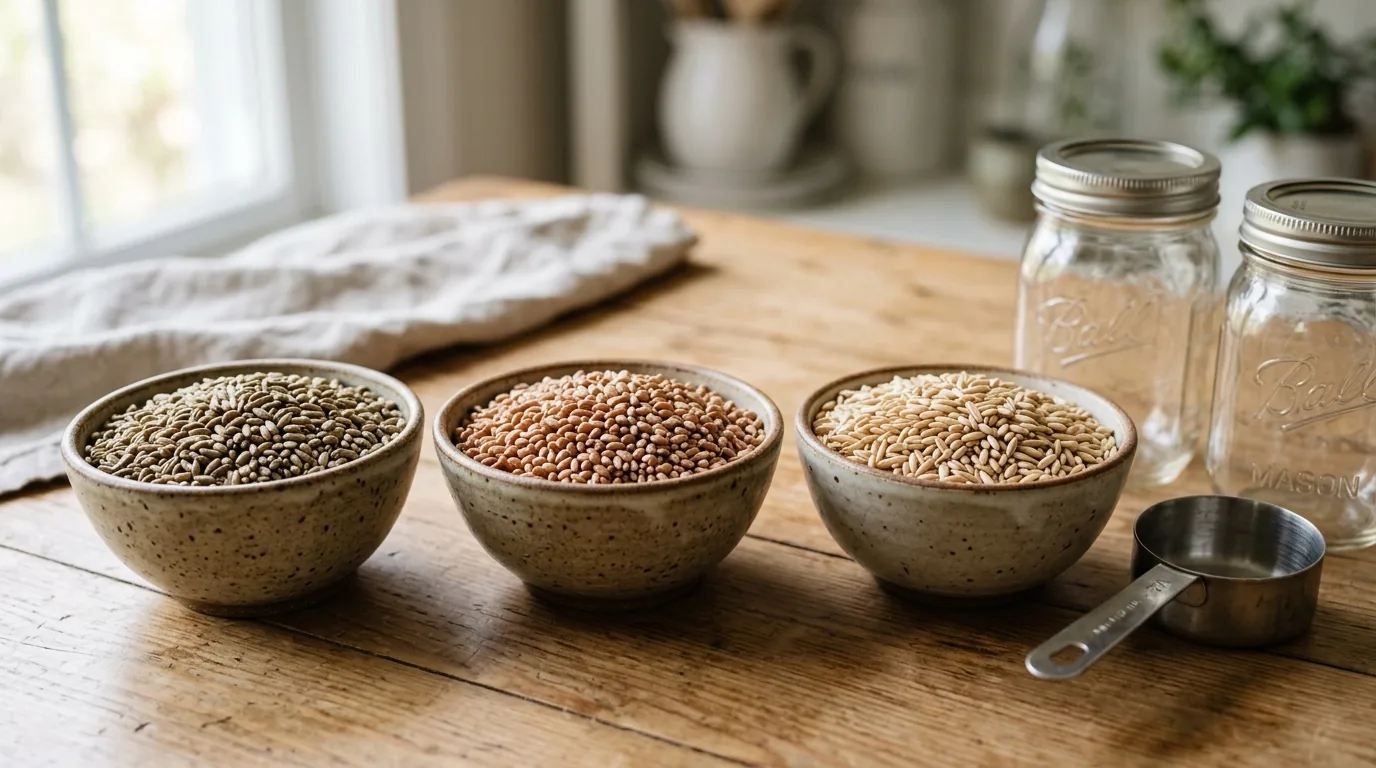 Bowls of rye, wheat, and oats arranged beside jars for grain selection.