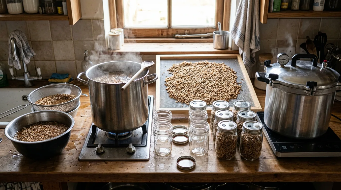 Sequential grain preparation workspace with pots, bowls, jars, and drying equipment.