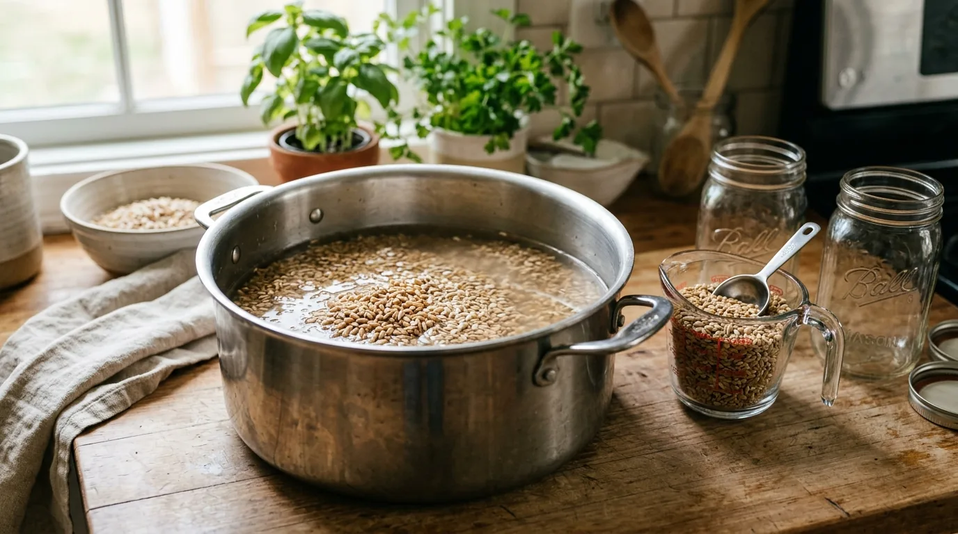 Grain soaking in a pot with jars and measuring tools nearby.