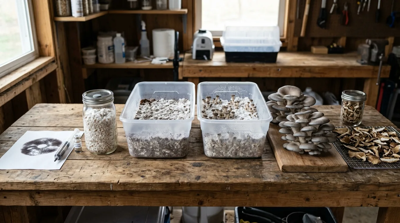 Fruiting chamber work area with tubs, tools, and monitoring gear for a daily check.